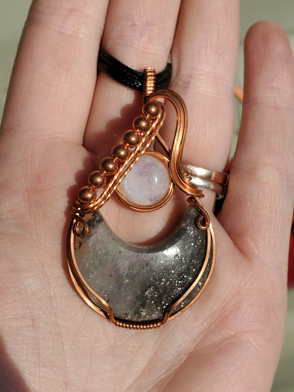 0251 Wire-Wrapped Galaxy Quartz Moon and Moonstone